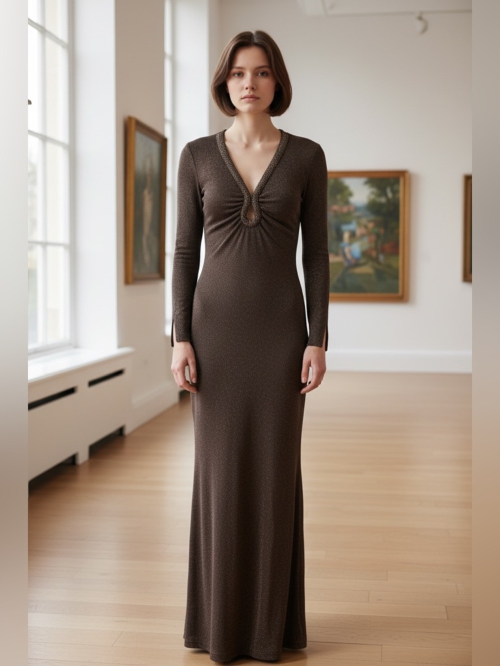 NWT Nekane Alina Brown Metallic Long Sleeve V-Neck Maxi size Medium